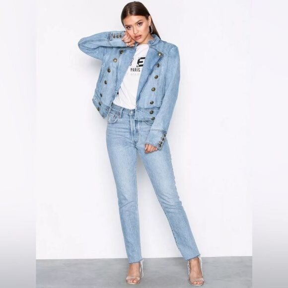 Free People Military Motto Double Breasted Denim Jacket - Picture 9 of 11